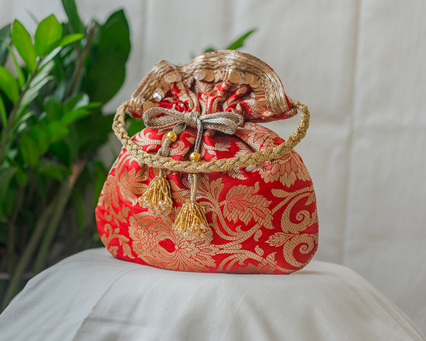 Red & Golden Banarasi Potli Bag