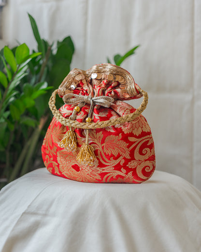 Red & Golden Banarasi Potli Bag