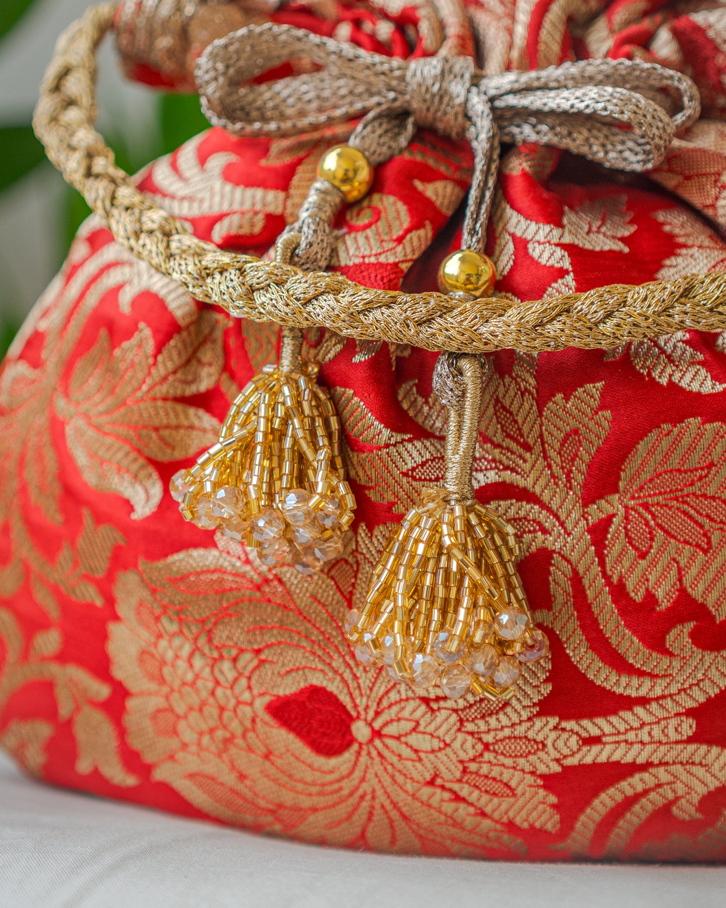 Red & Golden Banarasi Potli Bag