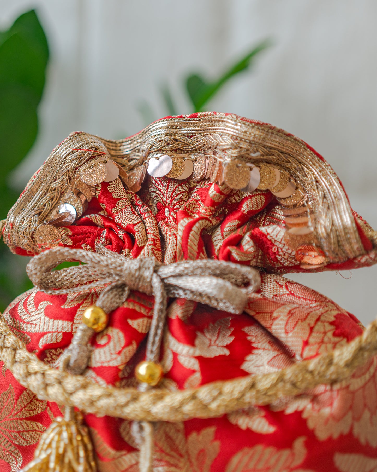 Red & Golden Banarasi Potli Bag