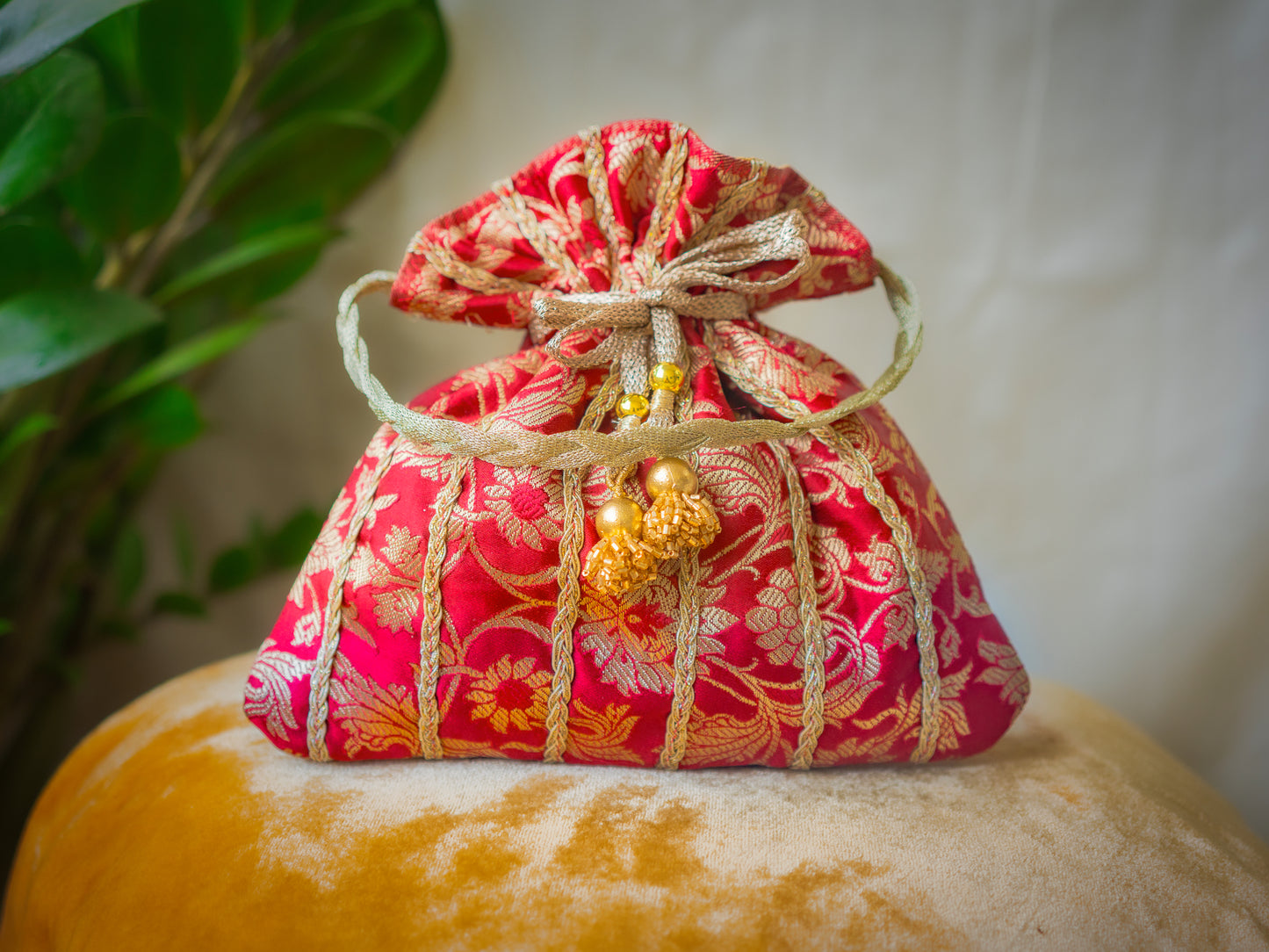 Dark Red & Golden Banarasi Potli Bag