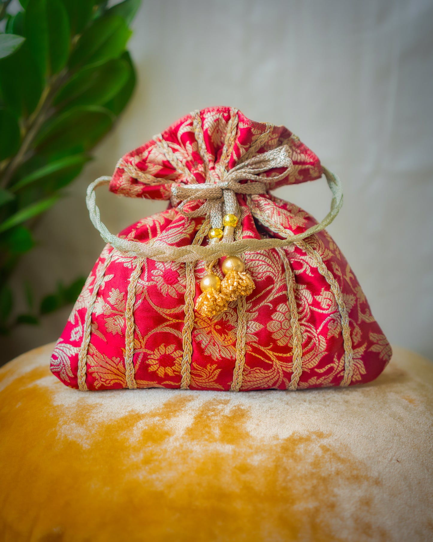 Dark Red & Golden Banarasi Potli Bag