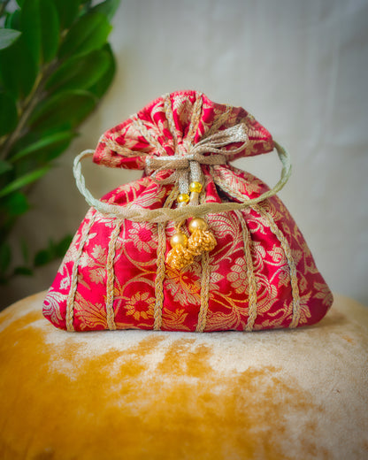 Dark Red & Golden Banarasi Potli Bag