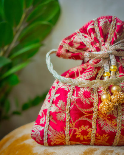 Dark Red & Golden Banarasi Potli Bag