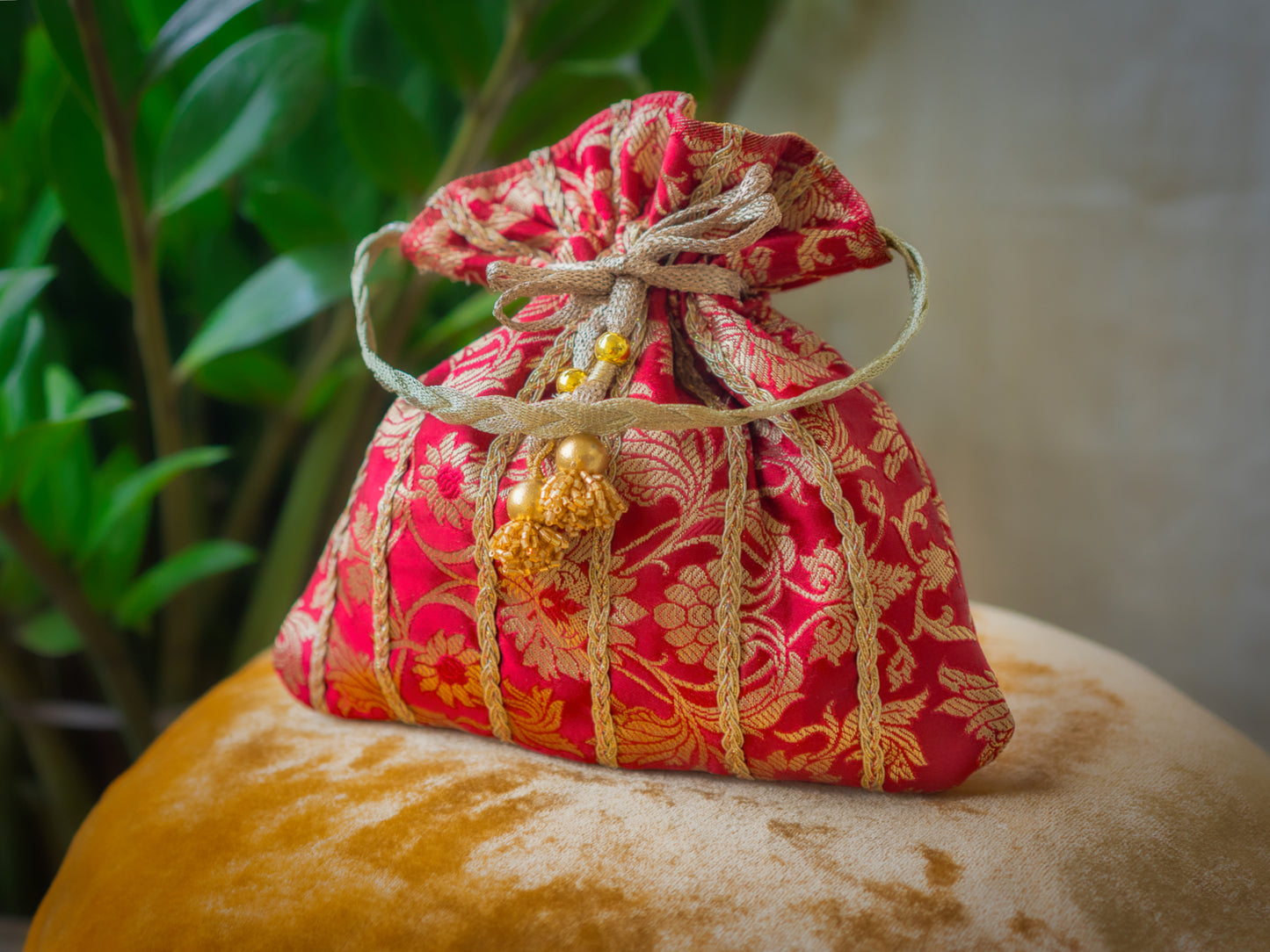 Dark Red & Golden Banarasi Potli Bag