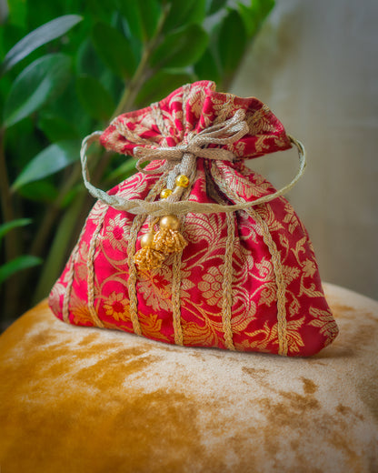 Dark Red & Golden Banarasi Potli Bag