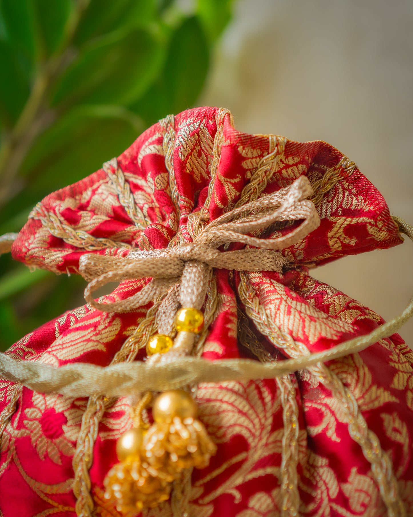 Dark Red & Golden Banarasi Potli Bag