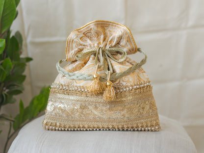 Royal White & Golden Banarasi Potli With Broad Sequin Pearl Lacework