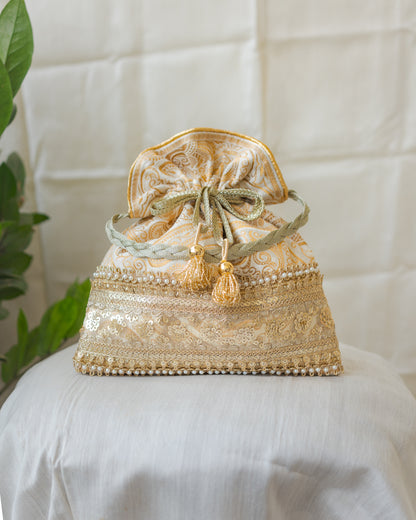 Royal White & Golden Banarasi Potli With Broad Sequin Pearl Lacework