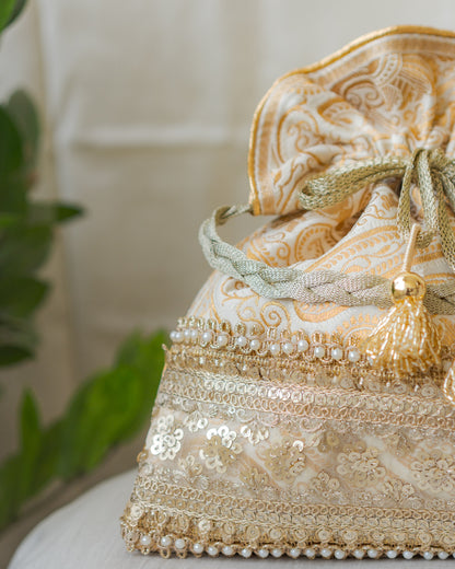 Royal White & Golden Banarasi Potli With Broad Sequin Pearl Lacework