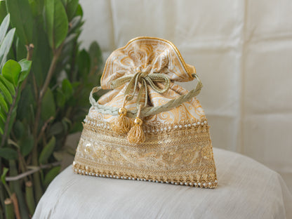 Royal White & Golden Banarasi Potli With Broad Sequin Pearl Lacework