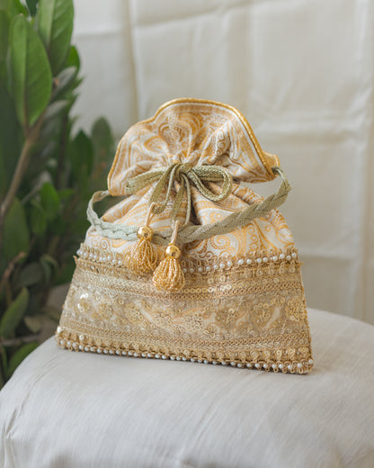 Royal White & Golden Banarasi Potli With Broad Sequin Pearl Lacework