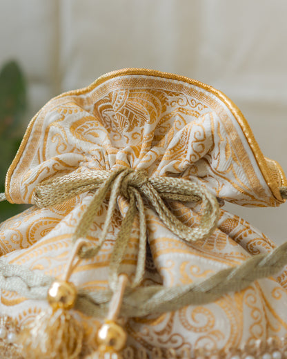 Royal White & Golden Banarasi Potli With Broad Sequin Pearl Lacework