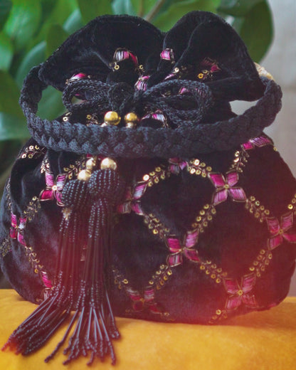 Black Velvet Embroidered Potli