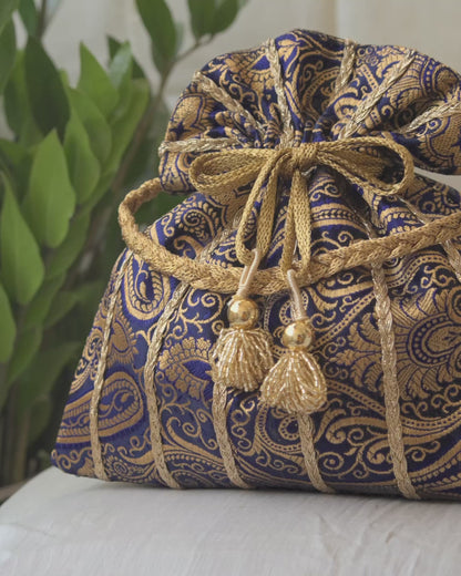 Navy Blue & Golden Banarasi Potli With Glass Tassels