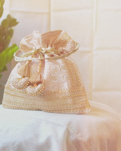 White & Golden Banarasi Potli With Triple Lace