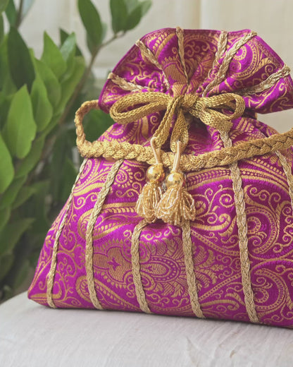 Purple & Golden Banarasi Potli With Glass Tassels