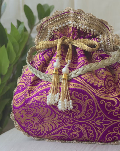 Purple & Golden Banarasi Potli With Pearl Tassels
