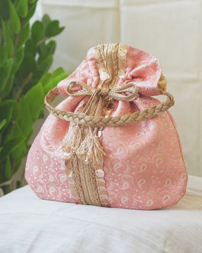 Peach Pink & Golden Banarasi Potli