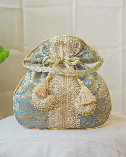 Grey & Golden Banarasi Potli With Broad Lace