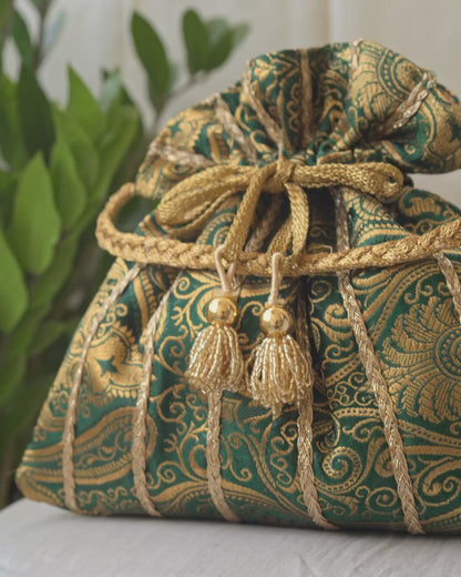 Bottle Green & Golden Banarasi Potli With Glass Tassels