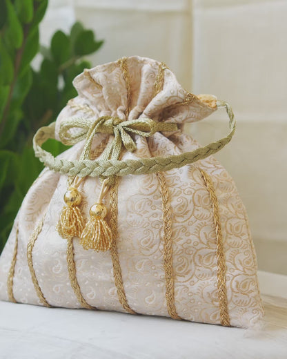 White & Golden Lace Potli With Glass Tassels