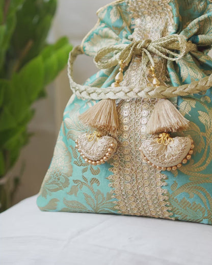 Sage Green & Golden Banarasi Potli