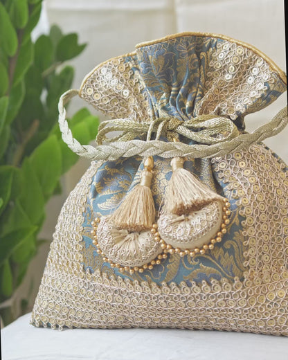 Grey & Golden Banarasi Potli With Triple Lace