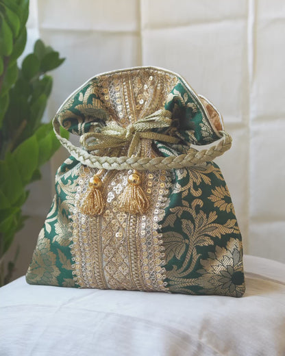 Bottle Green & Golden Banarasi Potli With Broad Lace
