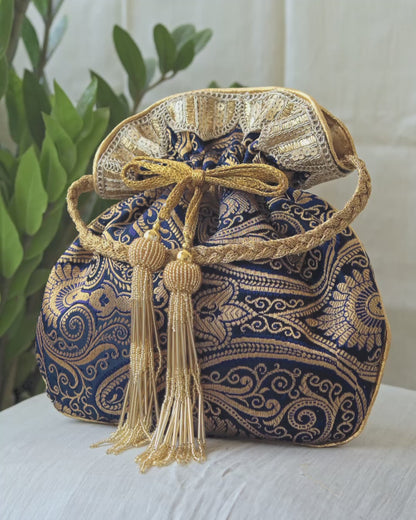 Navy Blue & Golden Banarasi Potli With Glass Tassels