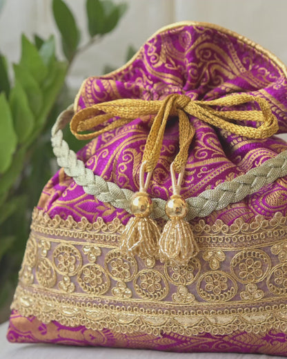 Purple & Golden Banarasi Potli With Golden Broad Lace