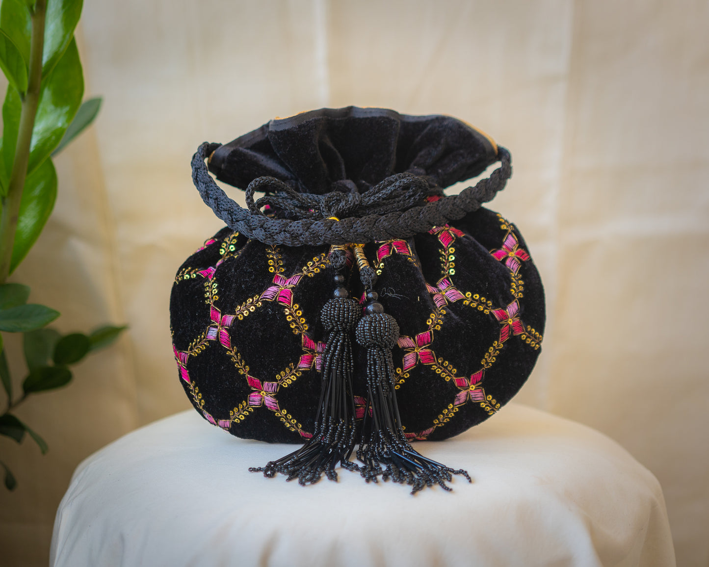 Black Velvet Embroidered Potli