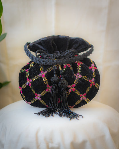 Black Velvet Embroidered Potli