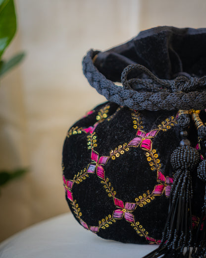 Black Velvet Embroidered Potli