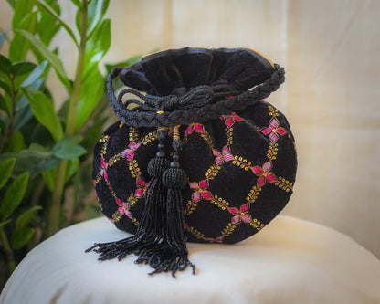 Black Velvet Embroidered Potli