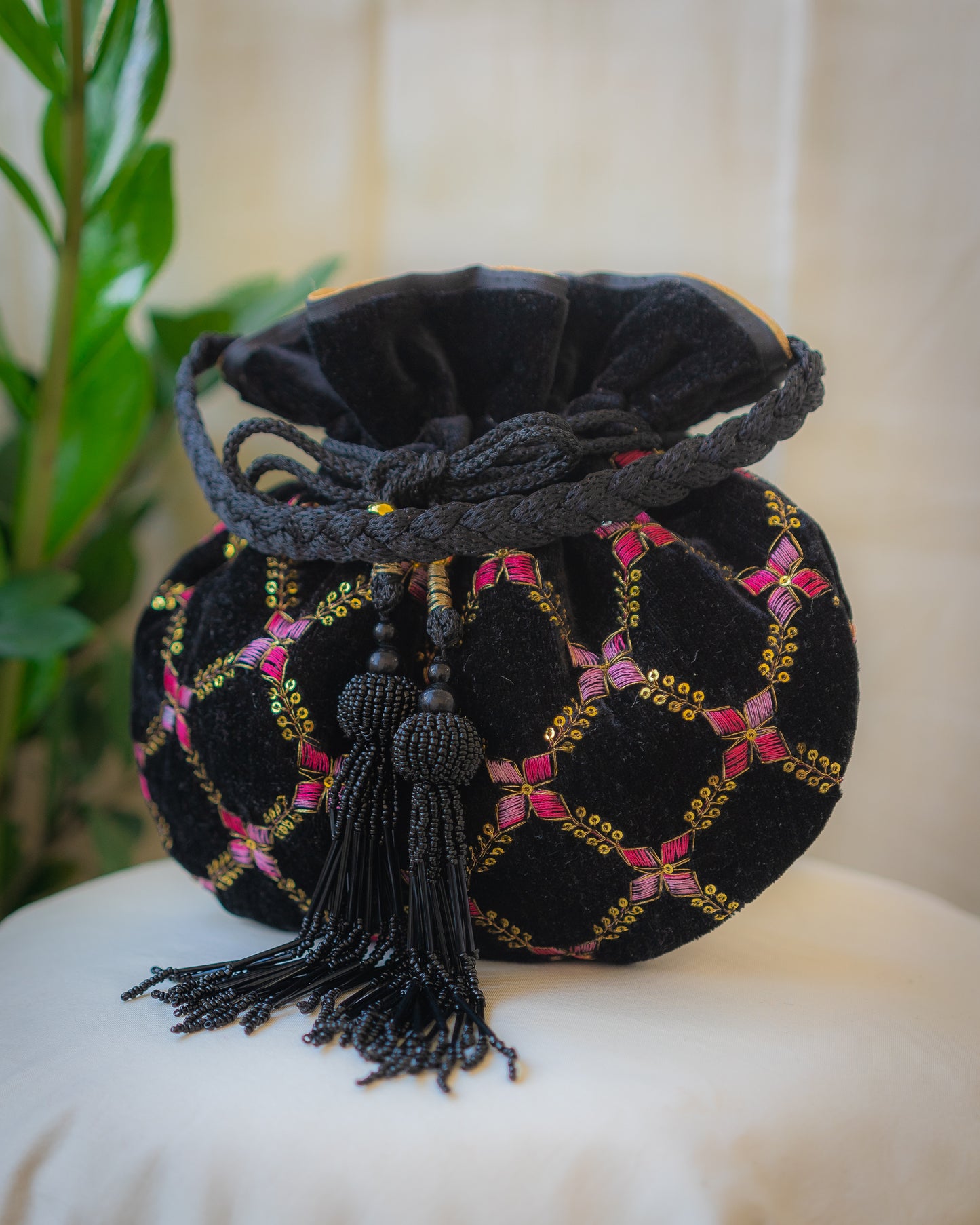 Black Velvet Embroidered Potli