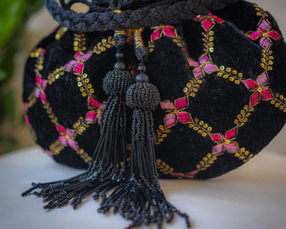 Black Velvet Embroidered Potli