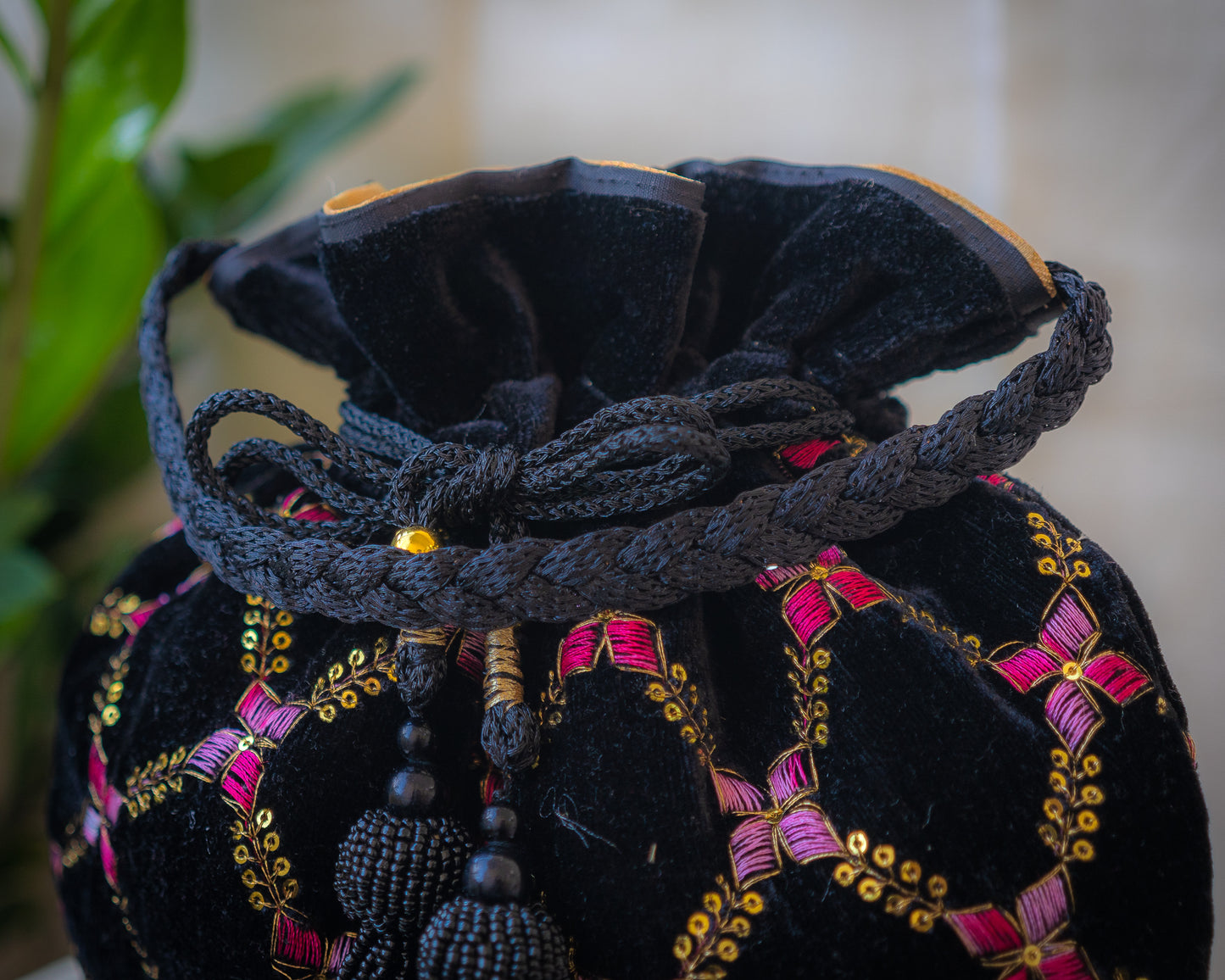 Black Velvet Embroidered Potli