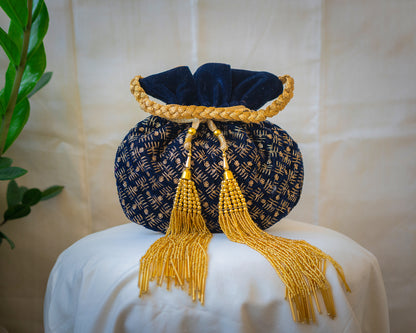 Navy Blue & Golden Velvet Potli