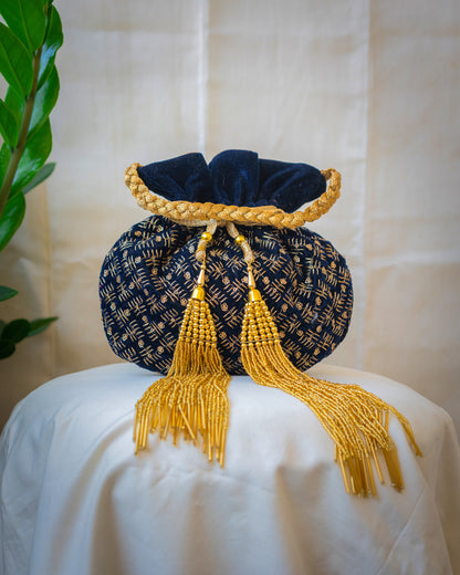 Navy Blue & Golden Velvet Potli