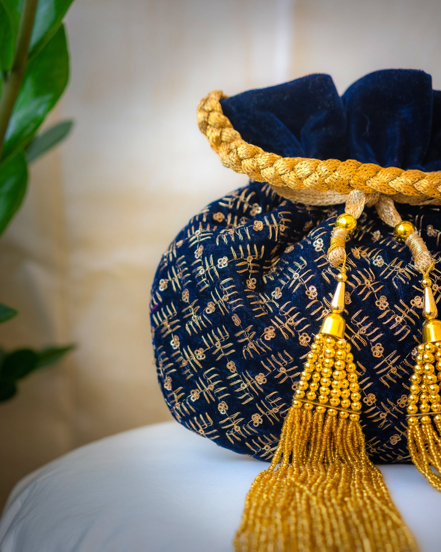 Navy Blue & Golden Velvet Potli