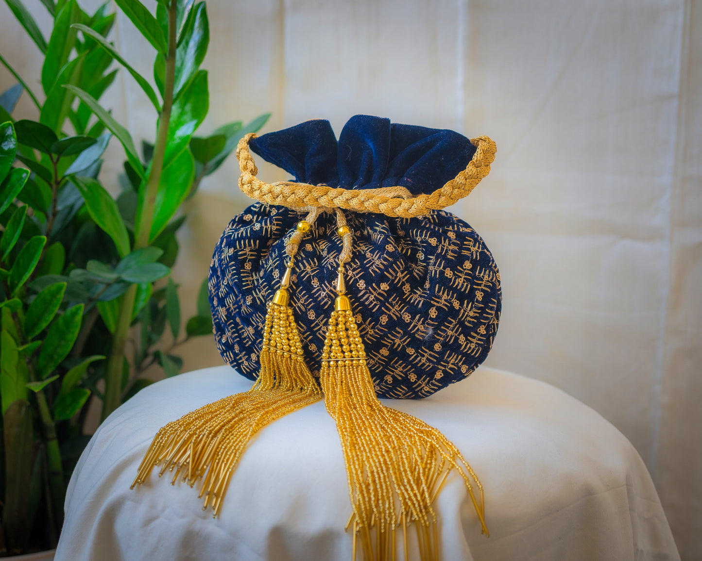 Navy Blue & Golden Velvet Potli