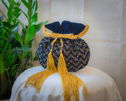 Navy Blue & Golden Velvet Potli