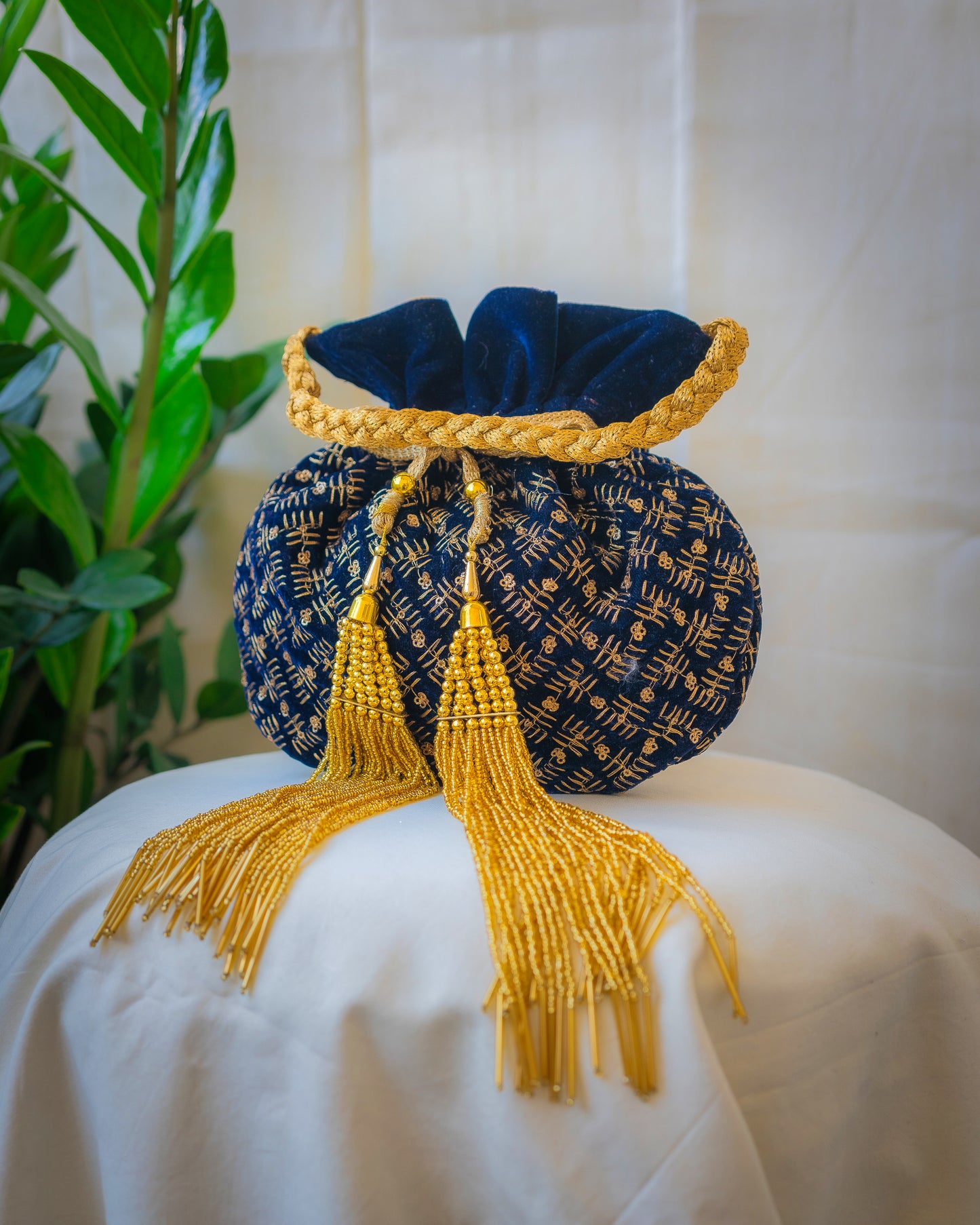 Navy Blue & Golden Velvet Potli