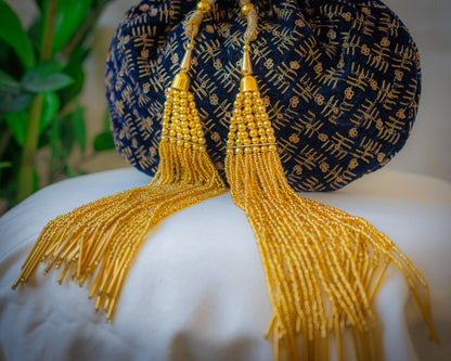 Navy Blue & Golden Velvet Potli